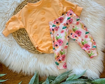 Organic Baby Girl Outfit/newborn girl/baby girl floral outfit/toddler girl outfit/Floral sweater romper & delicate floral joggers/baby gift