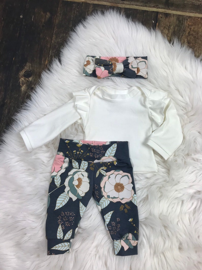 ruffle top Premie girl blush bow beanie; baby shower; girl clothing Baby Girl Coming Home Outfit; Newborn Girl floral pants