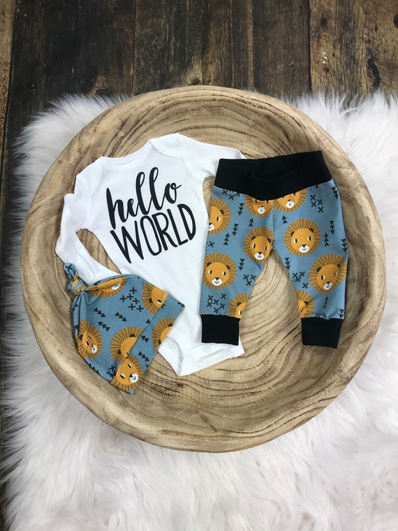 Newborn Coming Home Outfit hello World newborn Boy Outfit modern Baby Outfit baby Boy baby Lion baby Personalized baby Shower premie Baby Etsy