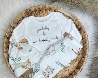 Unisex baby coming home outfit/Gender Neutral coming home outfit/baby animals/baby clothing/fearfully wonderfully made/Premie Baby