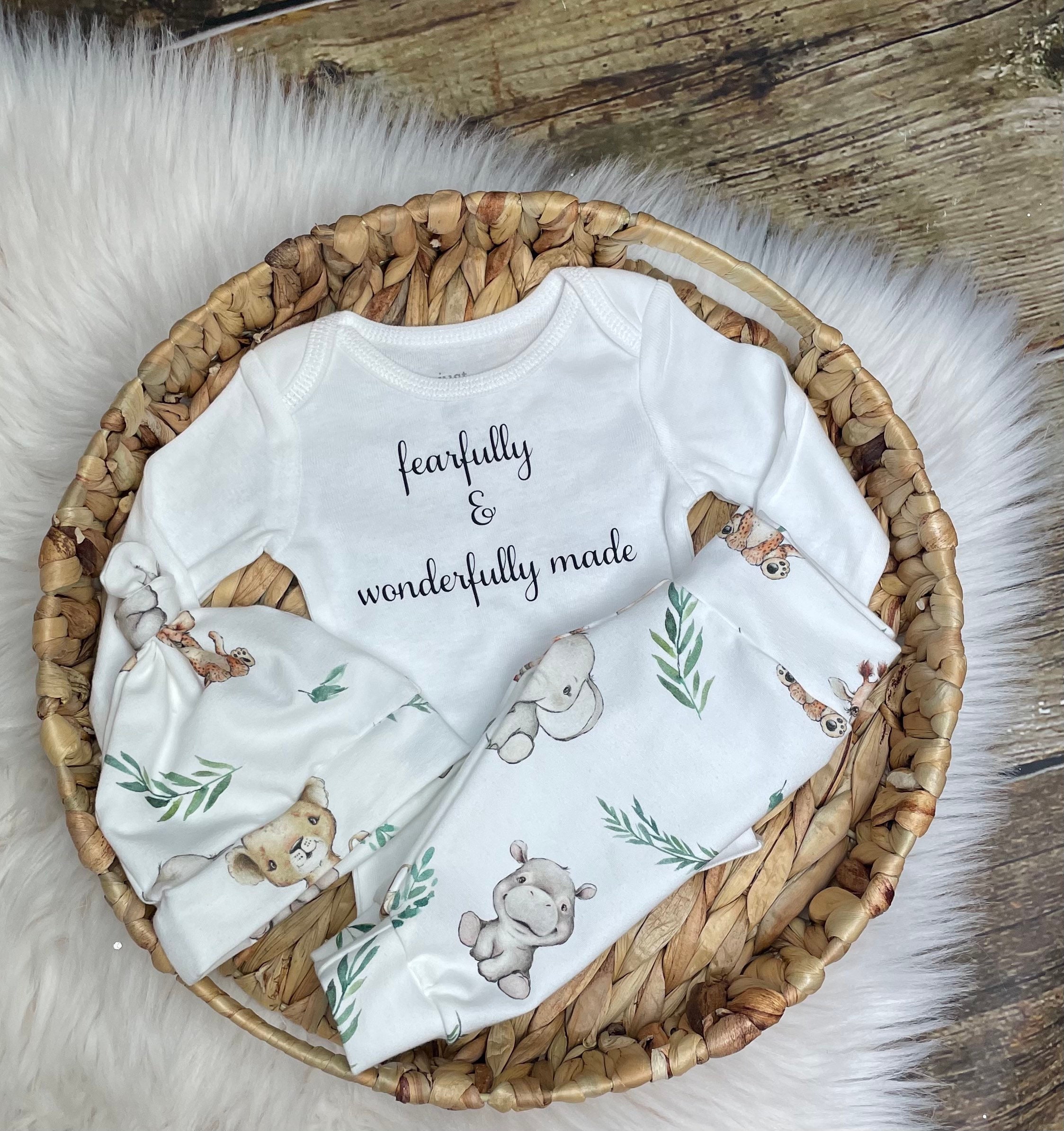 Unisex baby coming home outfit/Gender Neutral coming home outfit/baby animals/baby clothing/fearfully wonderfully made/Premie Baby
