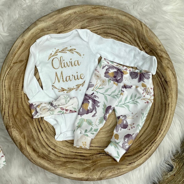 Newborn Girl Coming Home Outfit/personalized baby/Personalized Bodysuit Watercolor Floral Pants, bow, hat/Baby Girl/Baby Shower/Premie Girl