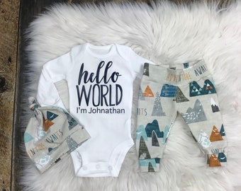 Newborn Coming Home Outfit/Hello World/Newborn Boy Outfit/Baby Boy/Adventure Awaits/Baby personalized/Premie Baby