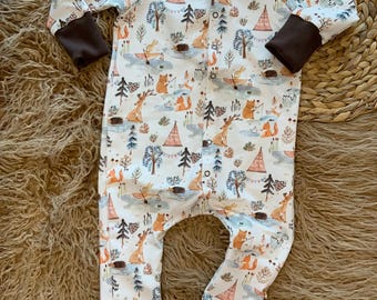 Organic Baby clothing/gender neutral baby outfit/baby romper/baby forest animals/baby boy/baby girl/baby gift/Premie-24 months/made in USA