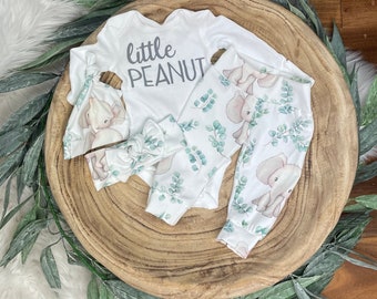May include: A white baby outfit set with an elephant print. The set includes a long-sleeved onesie with the text "little peanut", matching pants, and a headband. The outfit is decorated with green leaves and elephants.