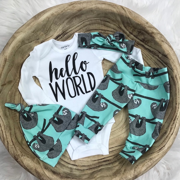 Unisex baby coming home outfit, Gender Neutral coming home outfit: Sloth pants, Hello World bodysuit/Modern Baby/Premie Baby, Baby Shower