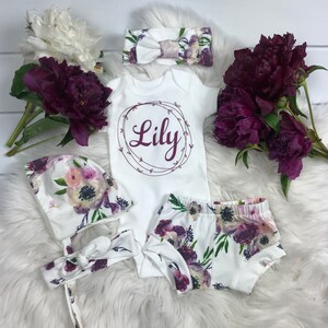 Baby Girl Coming Home Outfit;Summer Clothing:Personalized Name Lilac Floral, Premie Girl, Newborn Girl,Newborn Photography, Baby Shower