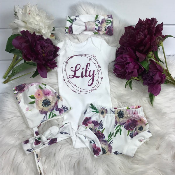 Baby Girl Coming Home Outfit;Summer Clothing:Personalized Name Lilac Floral, Premie Girl, Newborn Girl,Newborn Photography, Baby Shower