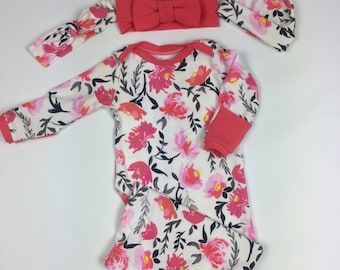 Newborn girl outfit, baby girl coming home, newborn girl take home, newborn sleeper, sleep sack,  Layette Gown in Falling Blooms