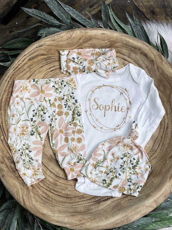 Newborn Girl Coming Home Outfit Personalized Bodysuit Watercolor Floral Outfit Baby Girl Baby Shower Premie Girl Premie Clothes Etsy
