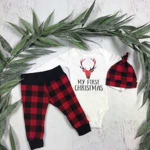 Baby boy buffalo plaid, First Christmas, Baby First Christmas, newborn boy red buffalo pants & hat, baby shower, premie boy outfit