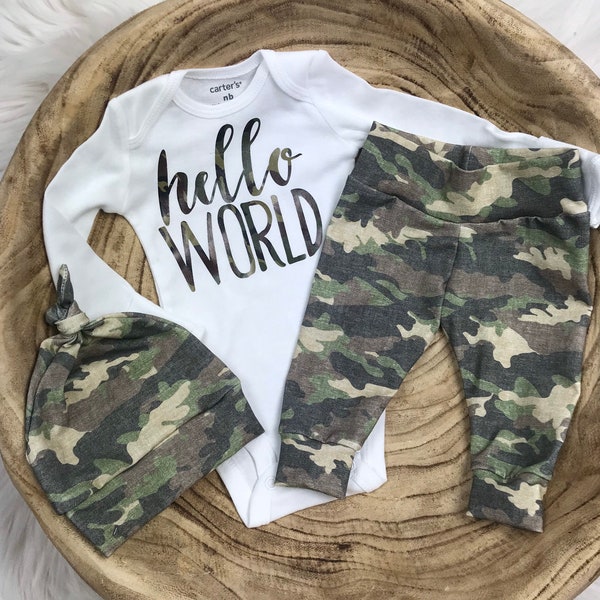 Newborn Coming Home Outfit/Hello World/Newborn Boy Camo Outfit/Baby Camo/camouflage Outfit/Modern Baby Outfit/Baby Boy/Premie Baby