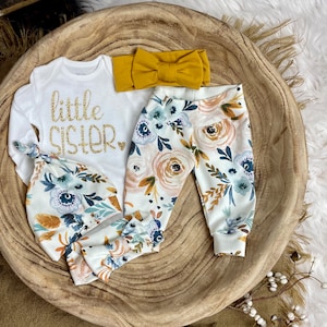 Atuendo para recién nacida que vuelve a casa, atuendo para niña con estampado floral de acuarela, atuendo para hermana pequeña, hermanita, lazo para niña, niña prematura