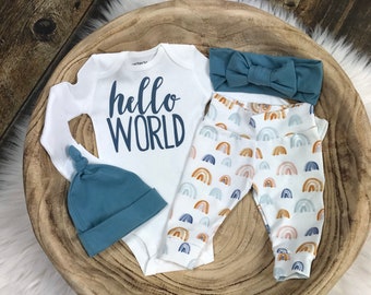 Newborn Baby Earthtone Rainbow Coming Home Set, Rainbow Baby,Gender Neutral Baby, Earthtone Rainbow organic Pants, hat, bow, Premie baby