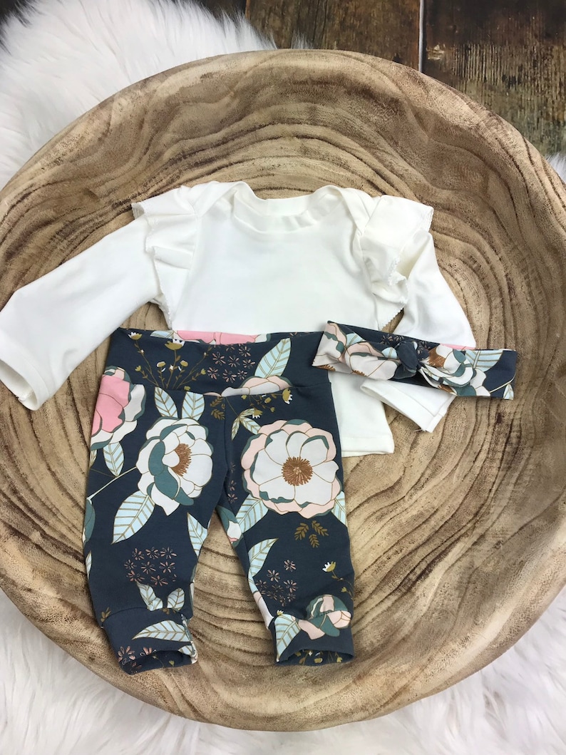 ruffle top Premie girl blush bow beanie; baby shower; girl clothing Baby Girl Coming Home Outfit; Newborn Girl floral pants