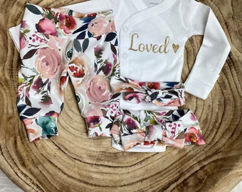 Traje de niña recién nacida que viene a casa, traje de bebé, traje de recién nacido, traje premie, bebé amado, ropa orgánica de bebé, niña premie