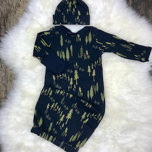 Newborn boy take home outfit, baby boy coming home sleeper in Woodlands, infant boy, woodlands sleeps, beanie