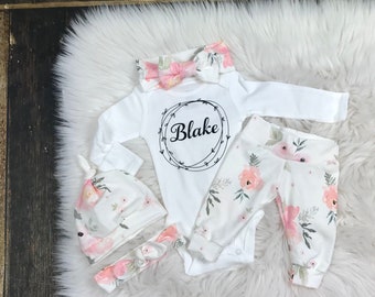 Traje de volver a casa, traje de bebé recién nacido, traje de niña personalizada, rosa floral, niña recién nacida, bebé Premie, baby shower