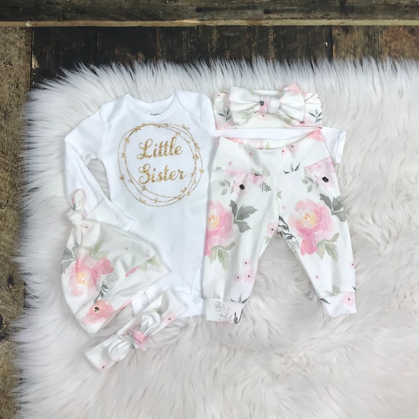 Newborn girl coming home outfit in organic watercolor pink floral/little Sister outfit/newborn outfit, Premie outfit