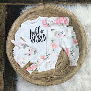 Coming home outfit; newborn baby hello world; pink watercolor floral; baby girl/newborn girl/Premie girl; baby girl pink watercolor floral