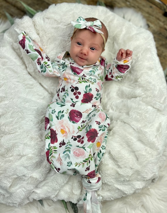Newborn Girl Coming Home Outfit baby Girl Coming Home Outfit knotted Gown knotted Sleeper rose Floral premie Girl floral Bow hat Etsy Ireland