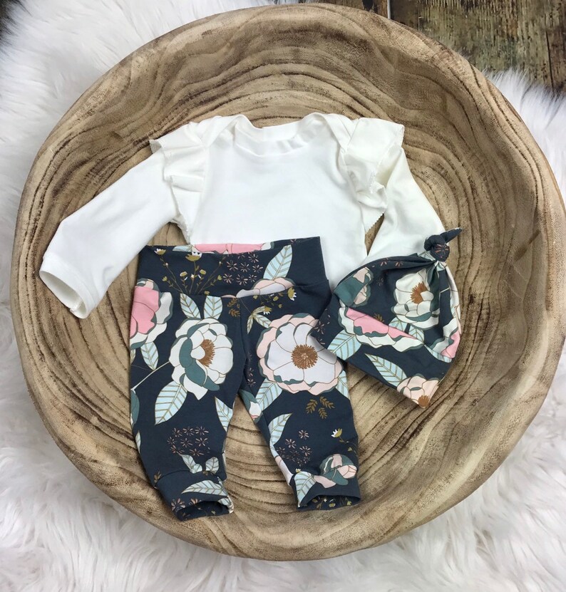 ruffle top Premie girl blush bow beanie; baby shower; girl clothing Baby Girl Coming Home Outfit; Newborn Girl floral pants