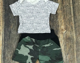 Recién nacido niño verano viene a casa traje, chico camuflaje, ropa de niño infantil, ropa de niño premie, camuflaje de niño bebé