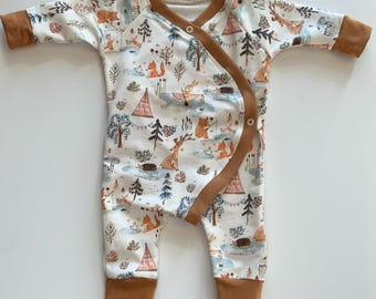 Organic Baby clothing/gender neutral baby outfit/forest animals/baby boy/baby girl/baby gift/Premie-24 months/fold over footie/made in USA