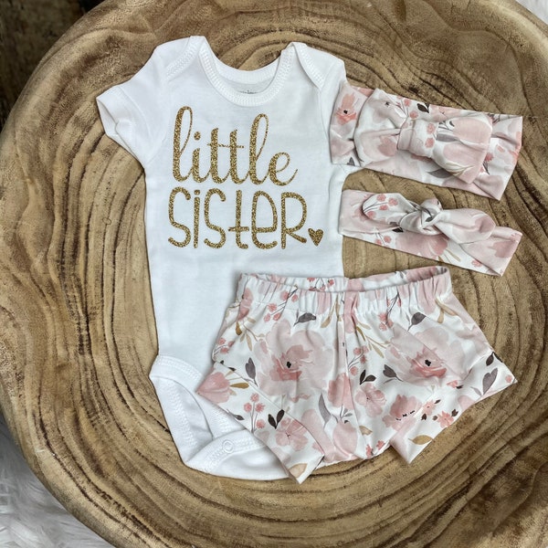 Baby Girl Coming Home Outfit/Summer Clothing: Little Sister Watercolor Floral Outfit, Premie Girl, Newborn Photography, Baby Shower