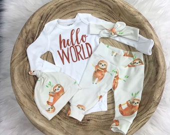 Unisex baby coming home outfit, Gender Neutral coming home outfit: Sloth pants, Hello World bodysuit, Premie Baby, Baby Shower