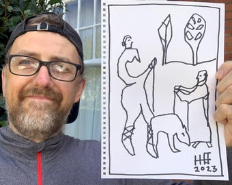 Talking Men - Original Black Ink Drawing on A4 sketchbook paper - Sketch Art UK