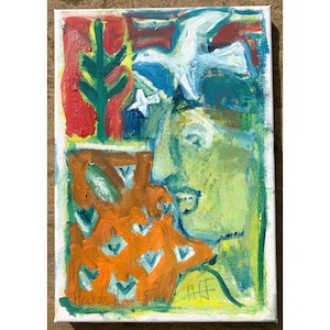 Caballo de Heckel Jr. - Pájaro y hombre - óleo sobre lienzo, firmado, original, pequeñas pinturas expresionistas arte marginal expresionismo artista