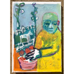 El caballo de Heckel Jr. - Hombre y manzanas - óleo sobre lienzo, original firmado, pequeñas pinturas expresionistas, arte marginal, expresionismo, artista