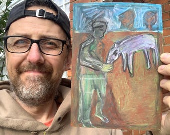 Feeding a Wolf - Original Oil Pastel Drawing on A5 size paper - Small Art