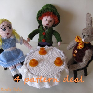 Knitted Alice in Wonderland, Mad Hatter and March Hare at the tea party, Lewis Carroll bookstory dolls, PATTERN, PDF file, tutorial