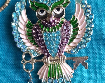 OWL, OWL LOVE, Night Owl, Wise Owl, Key with crystal heart, Rhinestone, Necklace, Suncatcher, Lanyard, Betsey Johnson, handmade,  Friendship