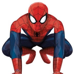 May include: A red and blue Spider-Man character balloon. The balloon is in a crouching position with arms outstretched.