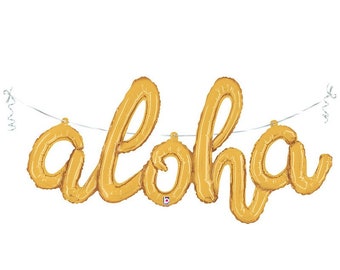 aloha script 45" foil balloon Gold, word balloons, celebrate, luau party, free and FAST SHIP, (includes straw and ribbon)