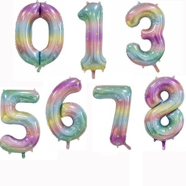40" Number Foil Balloon in Pastel Ombre with star print, party decoration, age birthday, anniversary, years, Free and FAST SHIP