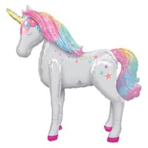 May include: A large, white unicorn-shaped balloon with a golden horn and a rainbow-colored mane and tail. The balloon has pink hooves and pastel star accents. It is designed to stand upright.