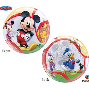 May include: A clear bubble balloon with a red, white, and yellow design featuring Mickey Mouse, Minnie Mouse, Donald Duck, Daisy Duck, and Pluto. The balloon is decorated with stars, hearts, and polka dots. The Qualatex logo is visible in the bottom right corner.