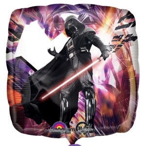 May include: Darth Vader, a Star Wars character, stands with a red lightsaber in a purple and orange background. The background has a geometric pattern. The image is on a foil balloon.