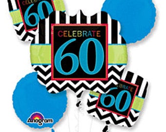 Set of FIVE foil balloons, Celebrate 60, confetti, sixty, party decorations, sixtieth celebration, free and FAST SHIP