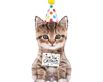 36&quot; Cue the Catfetti Foil Balloon, celebration, kitty, kitten with party hat, congrats, birthday, gift, party decoration, free and FAST SHIP