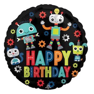 TWO Robot Happy Birthday 18&quot; foil balloons, cogwheels, gears, bot party decoration, Free and FAST SHIP