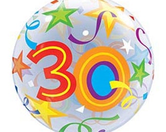 22" 30 with Stars and Streamers bubble balloon, party decoration, floats up to 2 weeks with helium, FAST SHIP
