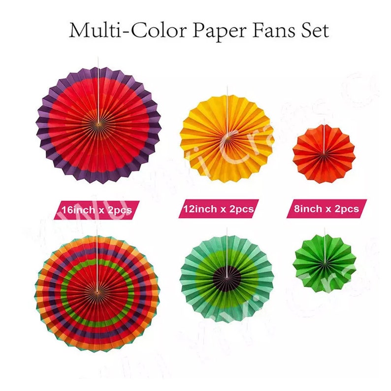 Set of SIX Spicy and Bold Colorful Paper Fans, Hanging Decor, Event ...