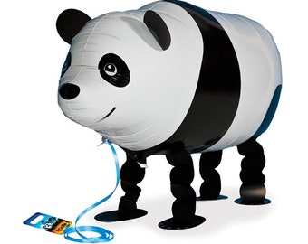 May include: A black and white panda balloon with black legs and a blue string attached to its neck. The balloon is standing on a white surface.