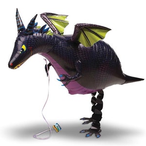 May include: A large black and purple dragon balloon with green wings and black legs. The balloon has a friendly face with a toothy grin and large yellow eyes.