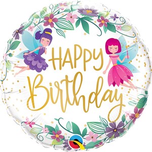 May include: A white balloon with a floral border and two fairies. The balloon says "Happy Birthday" in gold lettering.